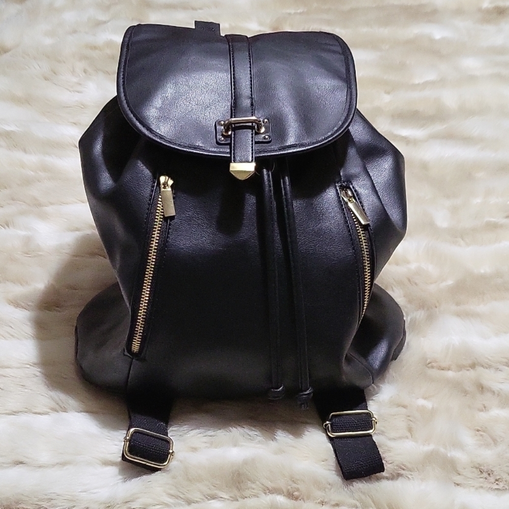Black faux leather backpack